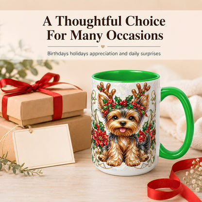 #pl[15oz|Green] Christmas Yorkie Coffee Mug, Reindeer Dog Mug, Ceramic Cup