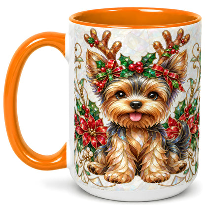 #pl[15oz|Orange] Christmas Yorkie Coffee Mug, Reindeer Dog Mug, Ceramic Cup