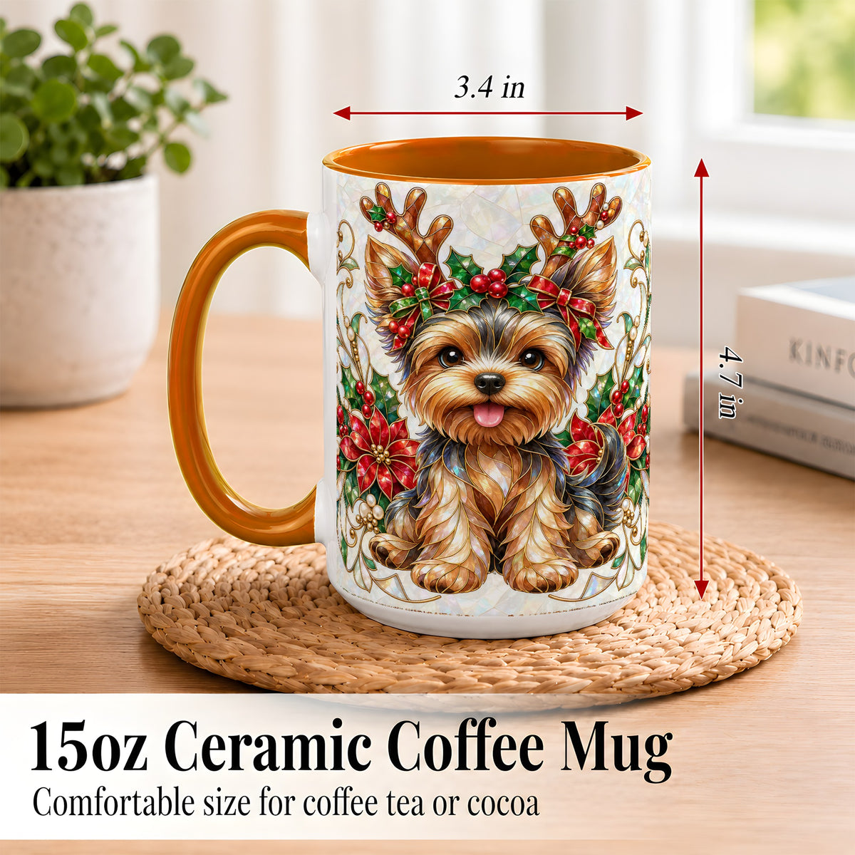 #pl[15oz|Orange] Christmas Yorkie Coffee Mug, Reindeer Dog Mug, Ceramic Cup