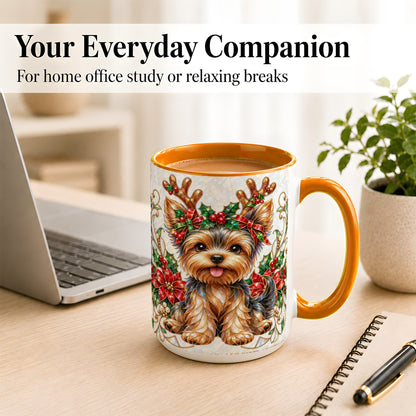 #pl[15oz|Orange] Christmas Yorkie Coffee Mug, Reindeer Dog Mug, Ceramic Cup