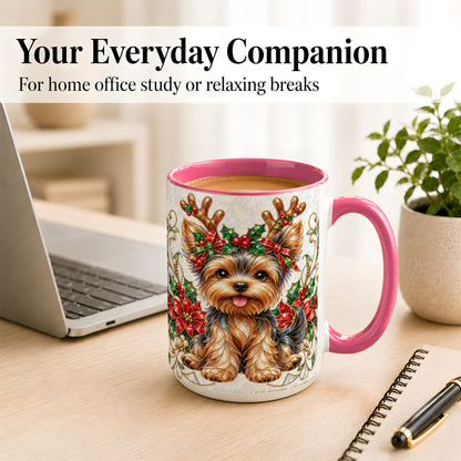 #pl[15oz|Pink] Christmas Yorkie Coffee Mug, Reindeer Dog Mug, Ceramic Cup