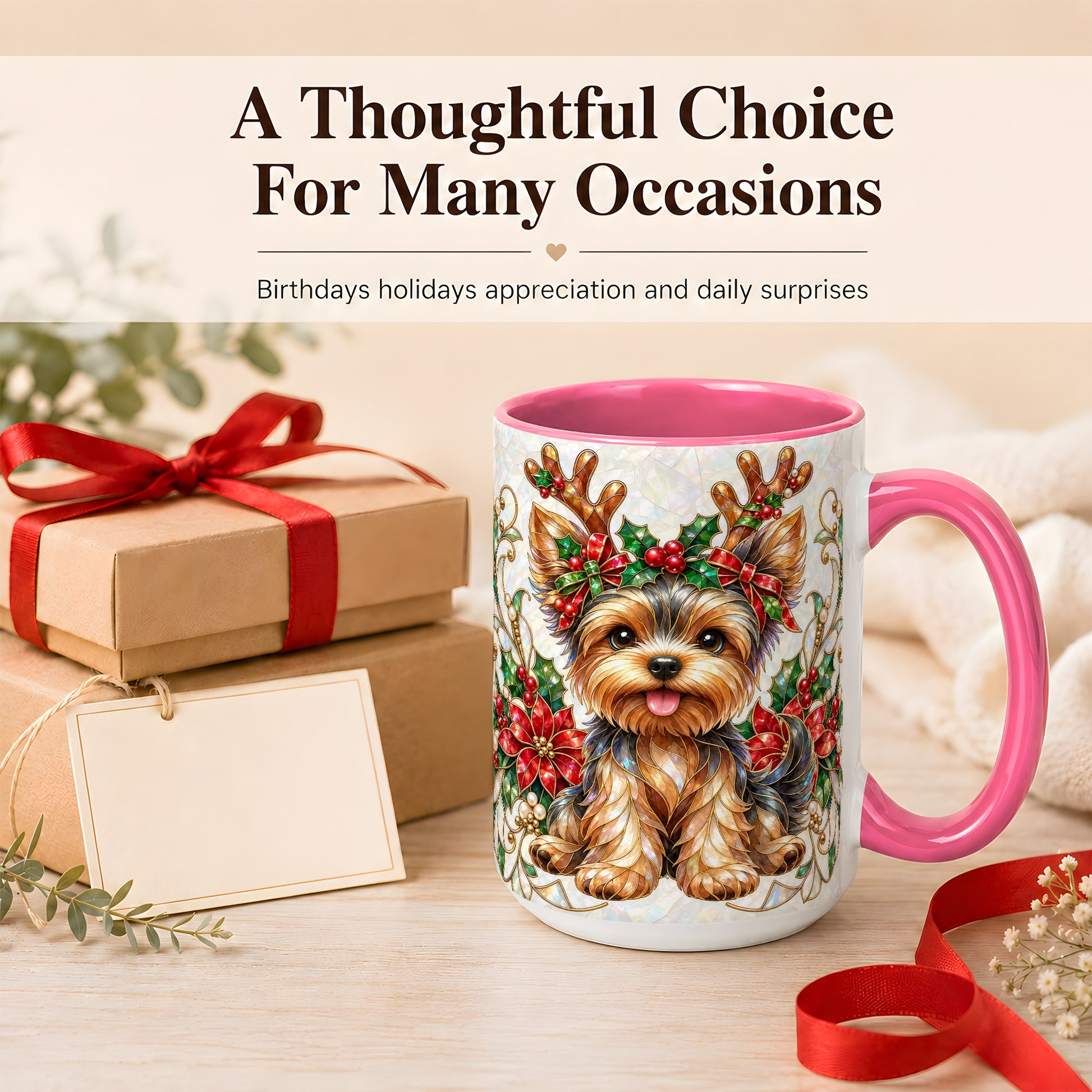 #pl[15oz|Pink] Christmas Yorkie Coffee Mug, Reindeer Dog Mug, Ceramic Cup