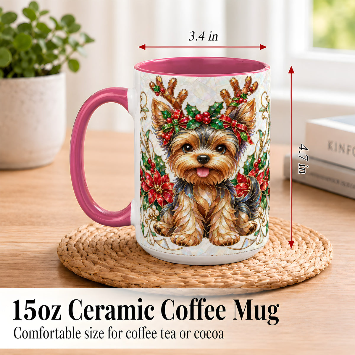#pl[15oz|Pink] Christmas Yorkie Coffee Mug, Reindeer Dog Mug, Ceramic Cup