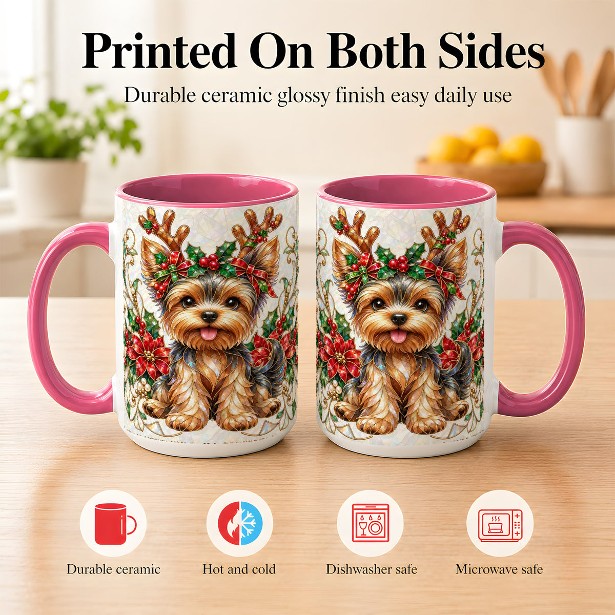 #pl[15oz|Pink] Christmas Yorkie Coffee Mug, Reindeer Dog Mug, Ceramic Cup