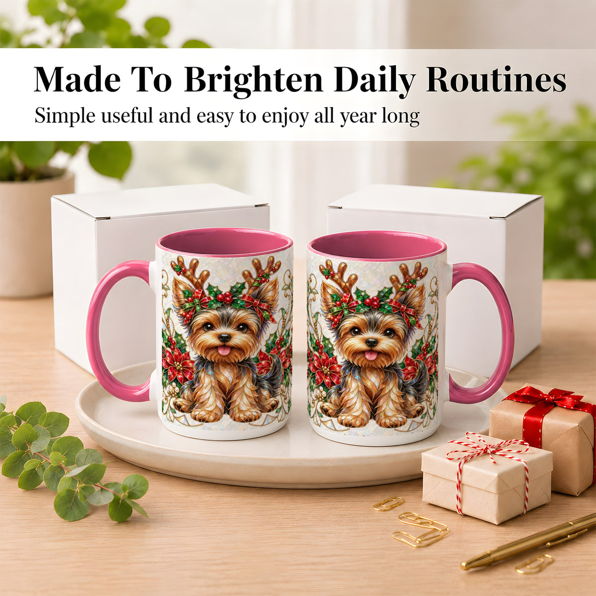 #pl[15oz|Pink] Christmas Yorkie Coffee Mug, Reindeer Dog Mug, Ceramic Cup