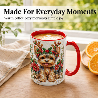 #pl[15oz|Red] Christmas Yorkie Coffee Mug, Reindeer Dog Mug, Ceramic Cup