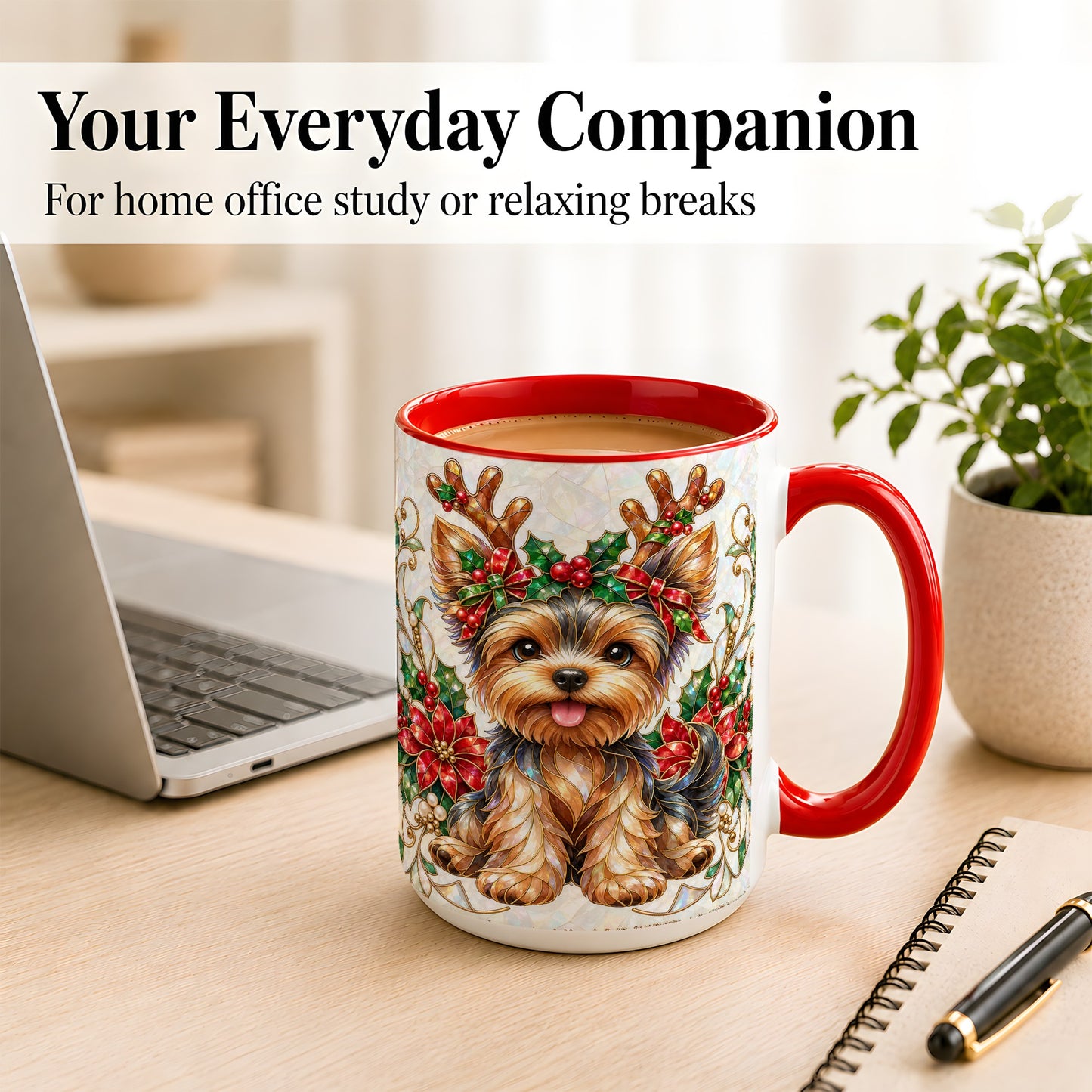 #pl[15oz|Red] Christmas Yorkie Coffee Mug, Reindeer Dog Mug, Ceramic Cup