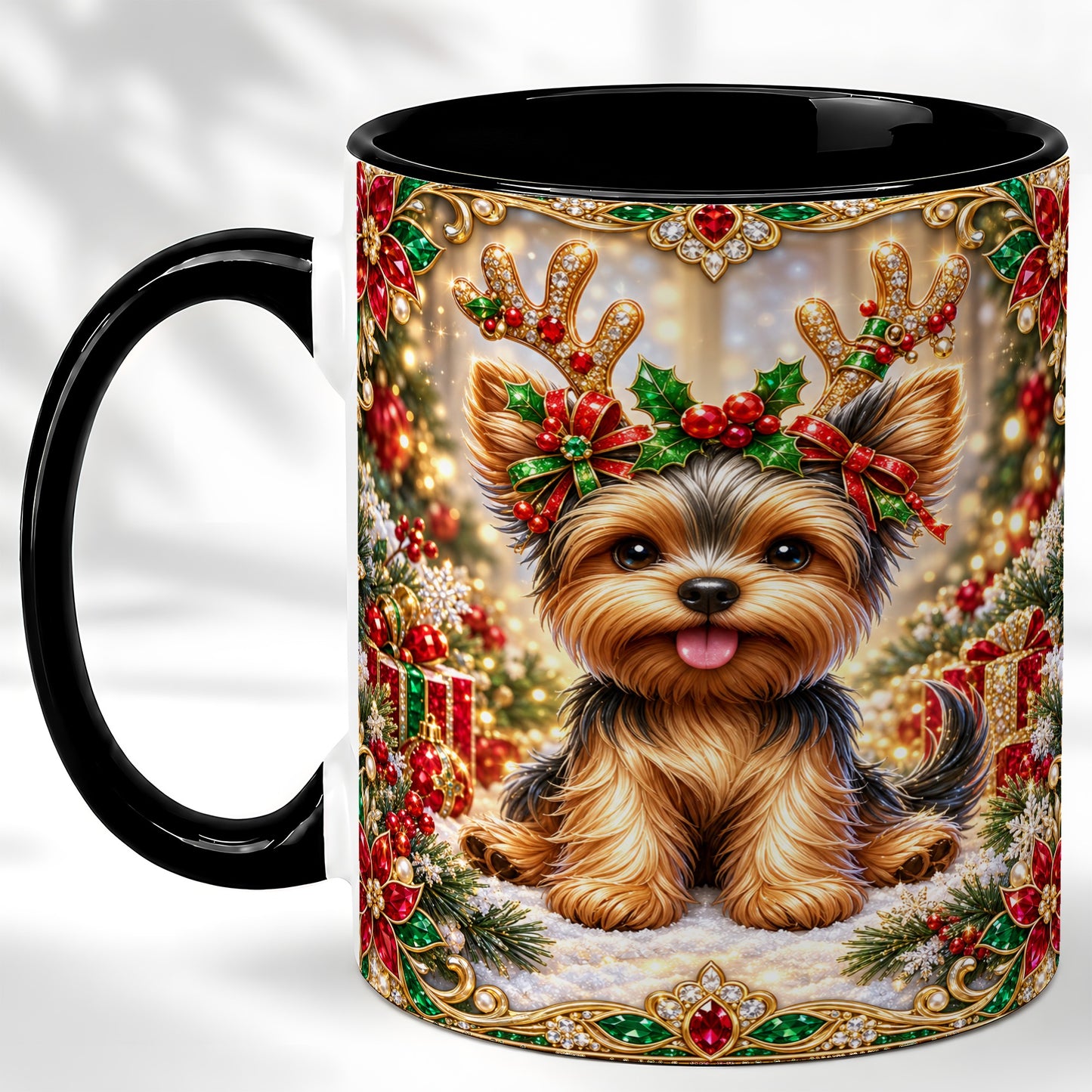 #pl[11oz|Black] Christmas Yorkie Coffee Mug, Jewel Reindeer Dog Mug, Ceramic Cup