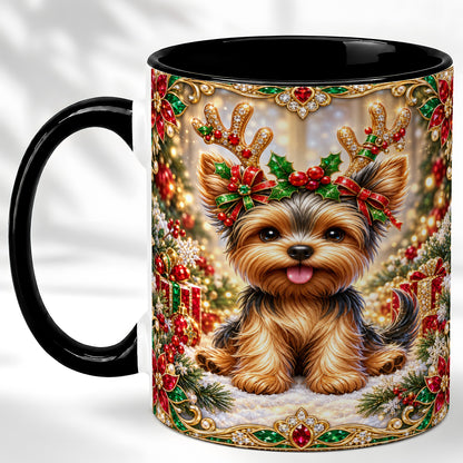 #pl[11oz|Black] Christmas Yorkie Coffee Mug, Jewel Reindeer Dog Mug, Ceramic Cup
