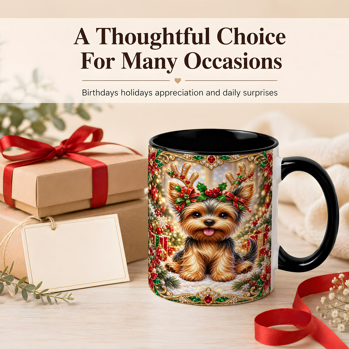 #pl[11oz|Black] Christmas Yorkie Coffee Mug, Jewel Reindeer Dog Mug, Ceramic Cup