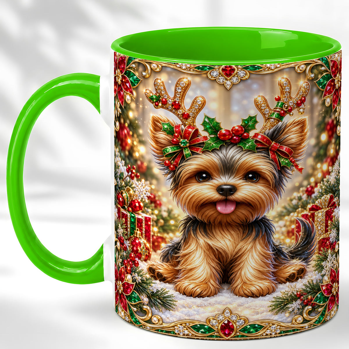 #pl[11oz|Green] Christmas Yorkie Coffee Mug, Jewel Reindeer Dog Mug, Ceramic Cup
