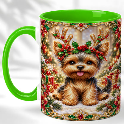 #pl[11oz|Green] Christmas Yorkie Coffee Mug, Jewel Reindeer Dog Mug, Ceramic Cup