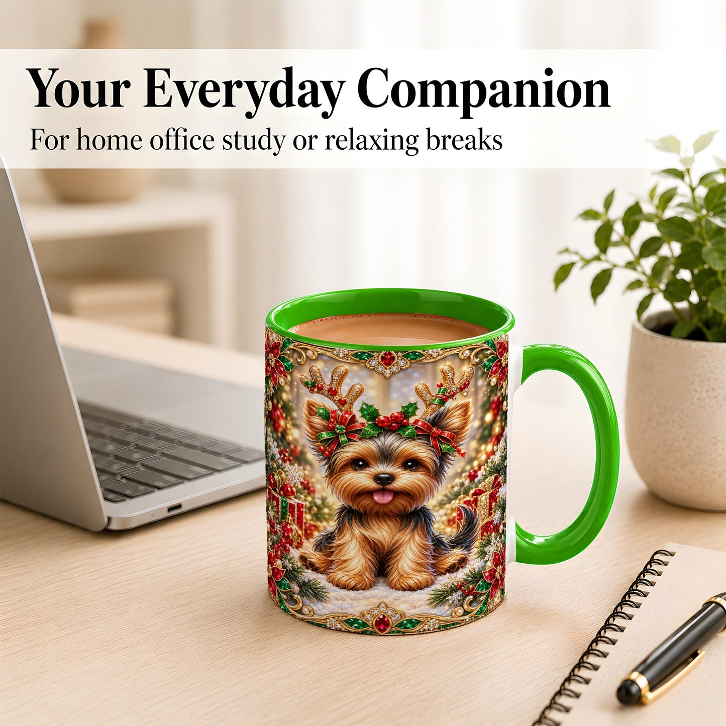 #pl[11oz|Green] Christmas Yorkie Coffee Mug, Jewel Reindeer Dog Mug, Ceramic Cup