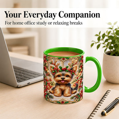 #pl[11oz|Green] Christmas Yorkie Coffee Mug, Jewel Reindeer Dog Mug, Ceramic Cup