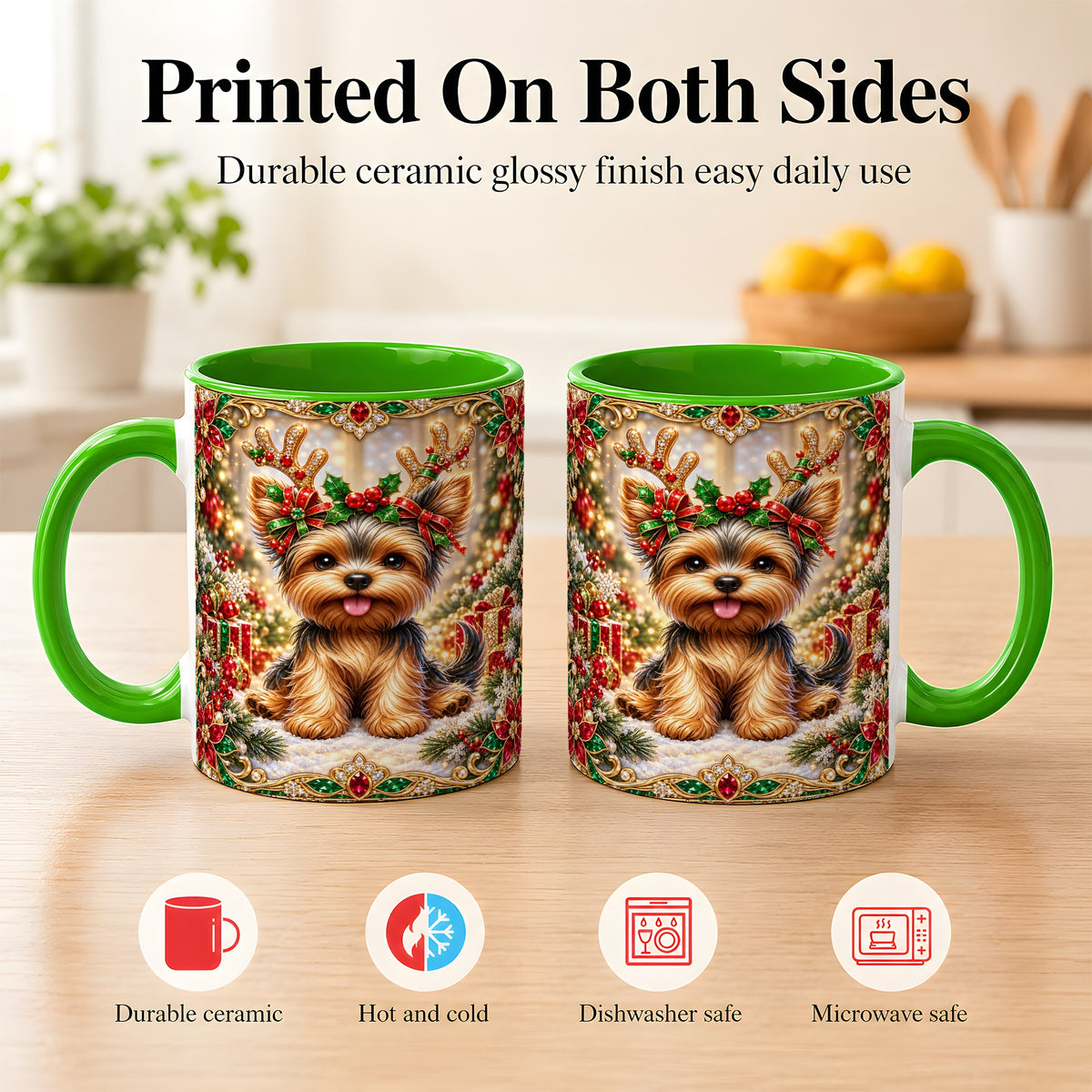 #pl[11oz|Green] Christmas Yorkie Coffee Mug, Jewel Reindeer Dog Mug, Ceramic Cup
