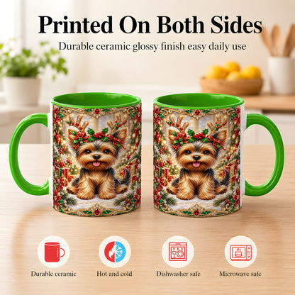 #pl[11oz|Green] Christmas Yorkie Coffee Mug, Jewel Reindeer Dog Mug, Ceramic Cup