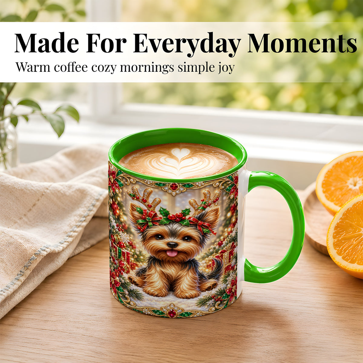 #pl[11oz|Green] Christmas Yorkie Coffee Mug, Jewel Reindeer Dog Mug, Ceramic Cup