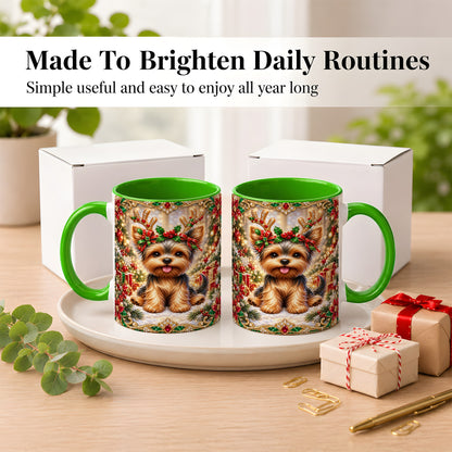 #pl[11oz|Green] Christmas Yorkie Coffee Mug, Jewel Reindeer Dog Mug, Ceramic Cup