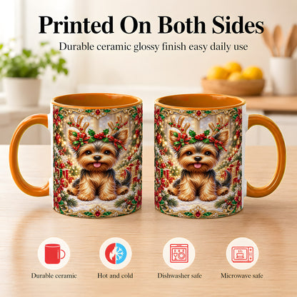 #pl[11oz|Orange] Christmas Yorkie Coffee Mug, Jewel Reindeer Dog Mug, Ceramic Cup