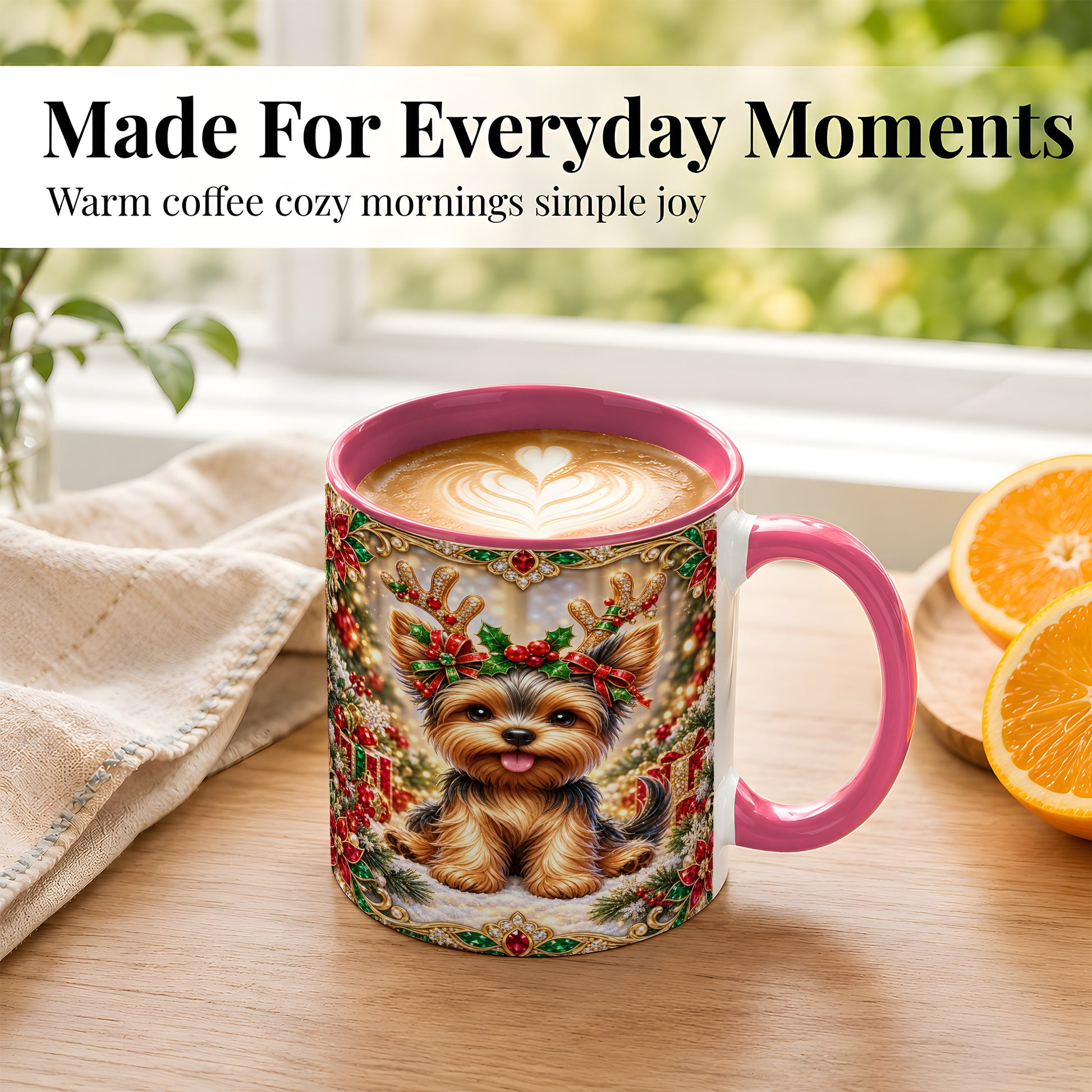 #pl[11oz|Pink] Christmas Yorkie Coffee Mug, Jewel Reindeer Dog Mug, Ceramic Cup