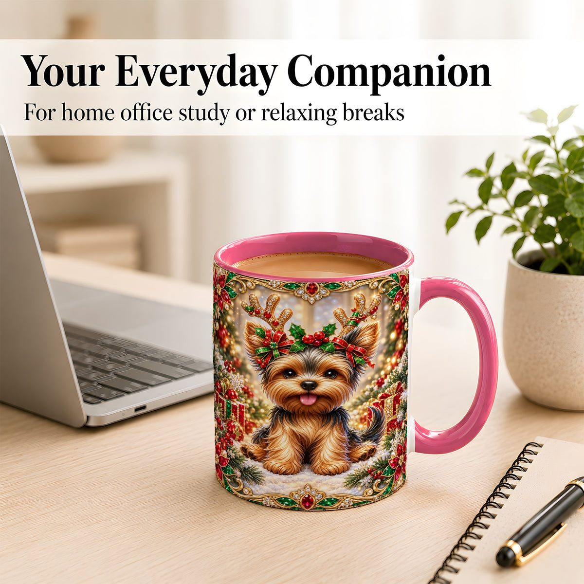#pl[11oz|Pink] Christmas Yorkie Coffee Mug, Jewel Reindeer Dog Mug, Ceramic Cup