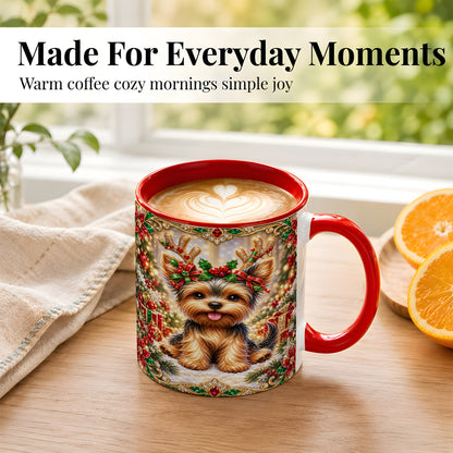 #pl[11oz|Red] Christmas Yorkie Coffee Mug, Jewel Reindeer Dog Mug, Ceramic Cup