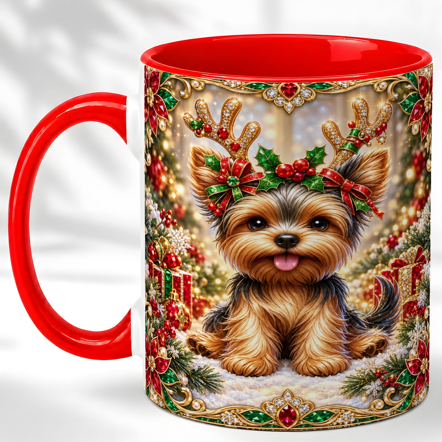 Christmas Yorkie Coffee Mug, Jewel Reindeer Dog Mug, Ceramic Cup