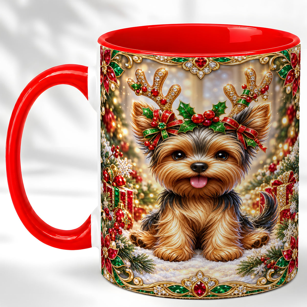 Christmas Yorkie Coffee Mug, Jewel Reindeer Dog Mug, Ceramic Cup