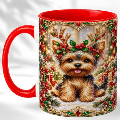Christmas Yorkie Coffee Mug, Jewel Reindeer Dog Mug, Ceramic Cup