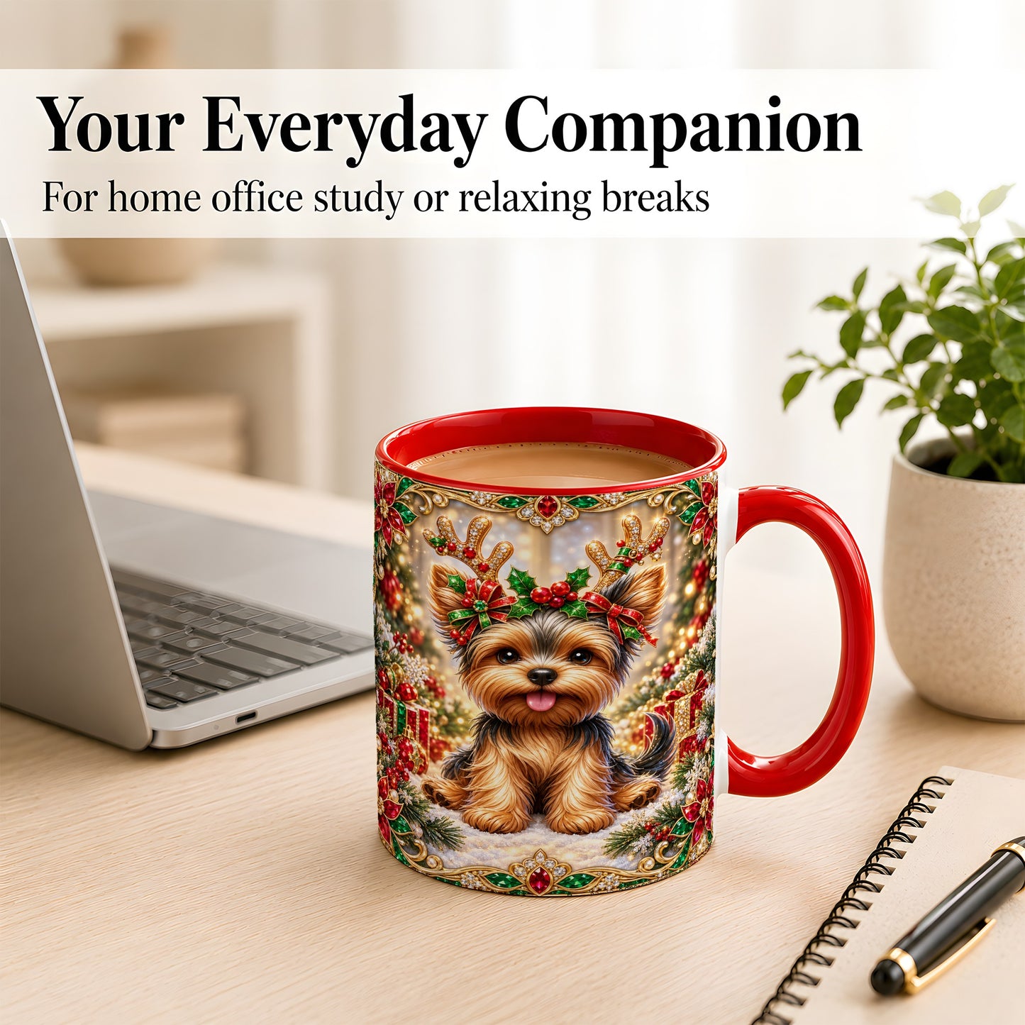 #pl[11oz|Red] Christmas Yorkie Coffee Mug, Jewel Reindeer Dog Mug, Ceramic Cup