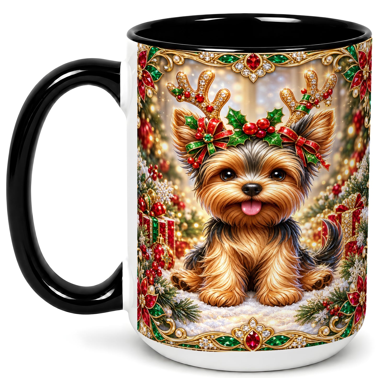 #pl[15oz|Black] Christmas Yorkie Coffee Mug, Jewel Reindeer Dog Mug, Ceramic Cup