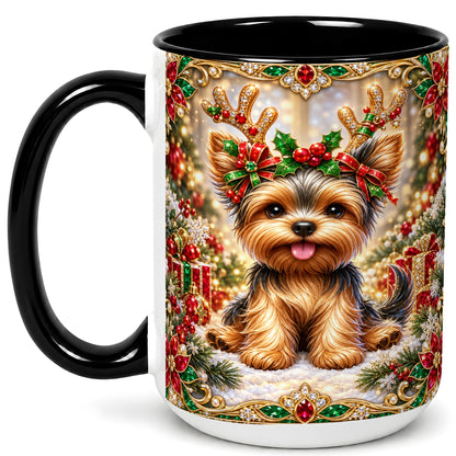 #pl[15oz|Black] Christmas Yorkie Coffee Mug, Jewel Reindeer Dog Mug, Ceramic Cup