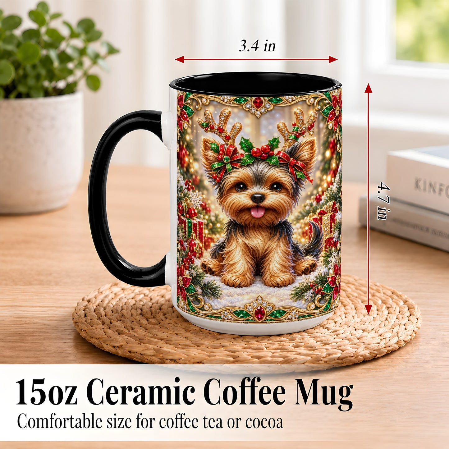 #pl[15oz|Black] Christmas Yorkie Coffee Mug, Jewel Reindeer Dog Mug, Ceramic Cup