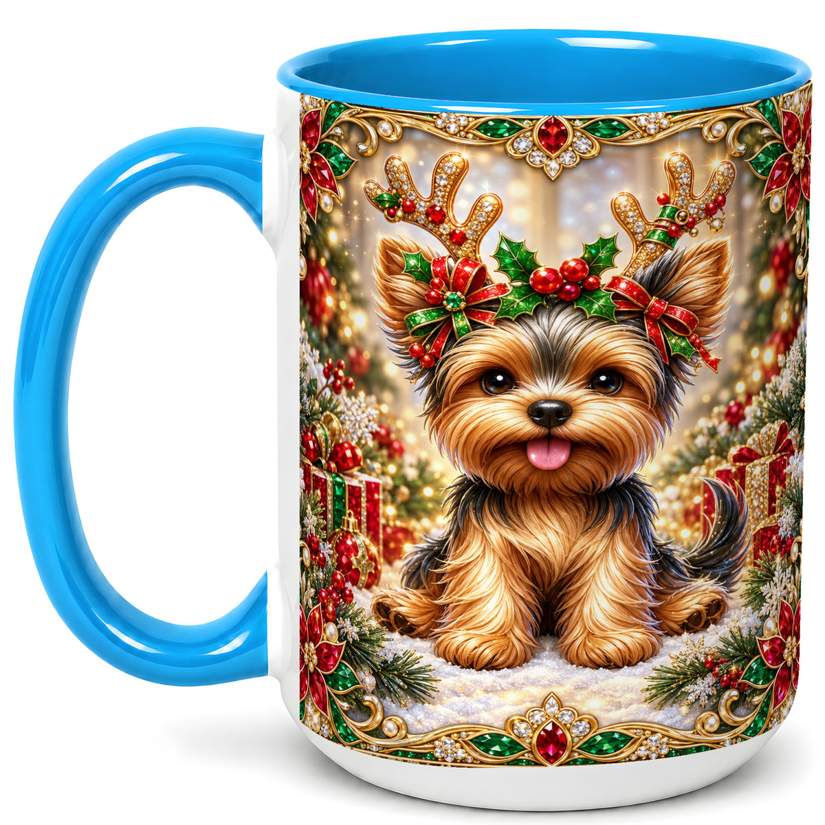 #pl[15oz|Blue] Christmas Yorkie Coffee Mug, Jewel Reindeer Dog Mug, Ceramic Cup
