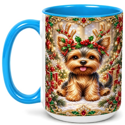#pl[15oz|Blue] Christmas Yorkie Coffee Mug, Jewel Reindeer Dog Mug, Ceramic Cup