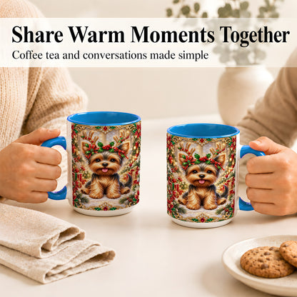 #pl[15oz|Blue] Christmas Yorkie Coffee Mug, Jewel Reindeer Dog Mug, Ceramic Cup
