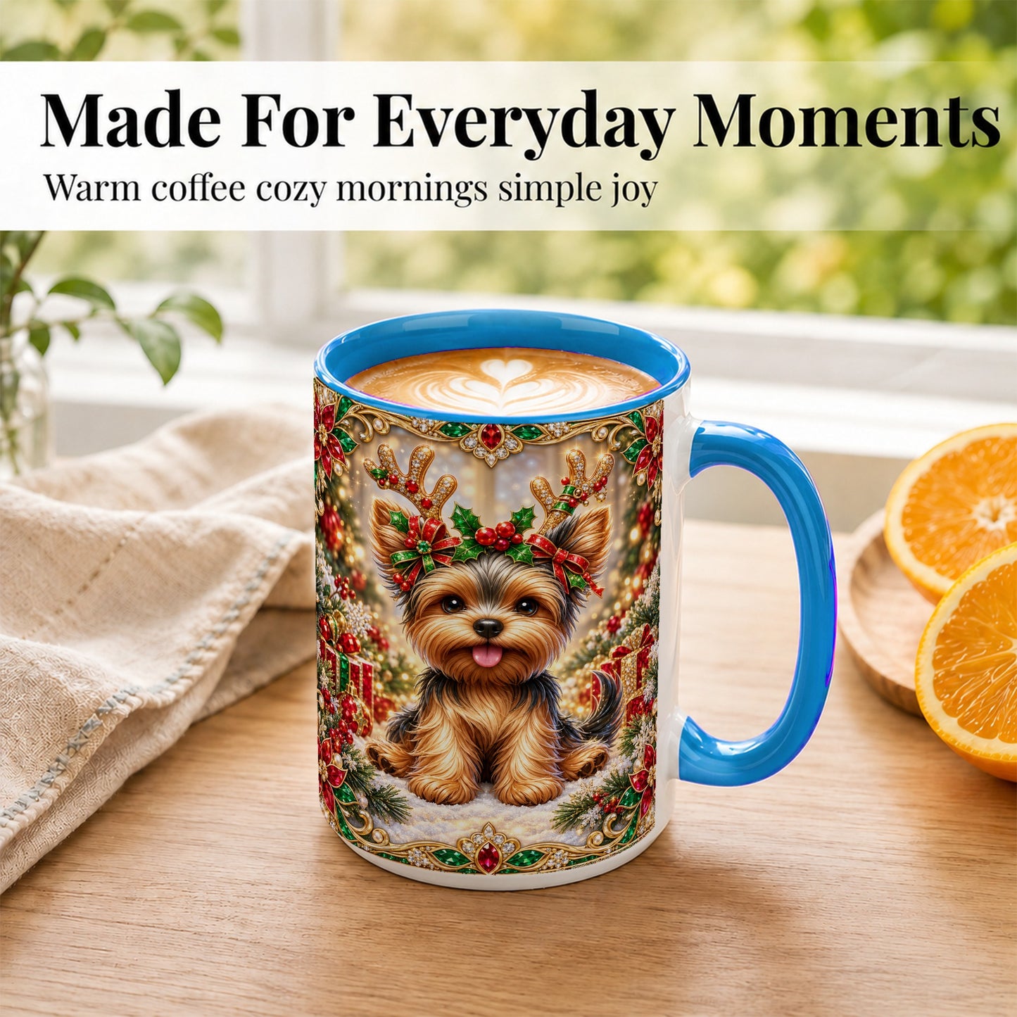 #pl[15oz|Blue] Christmas Yorkie Coffee Mug, Jewel Reindeer Dog Mug, Ceramic Cup