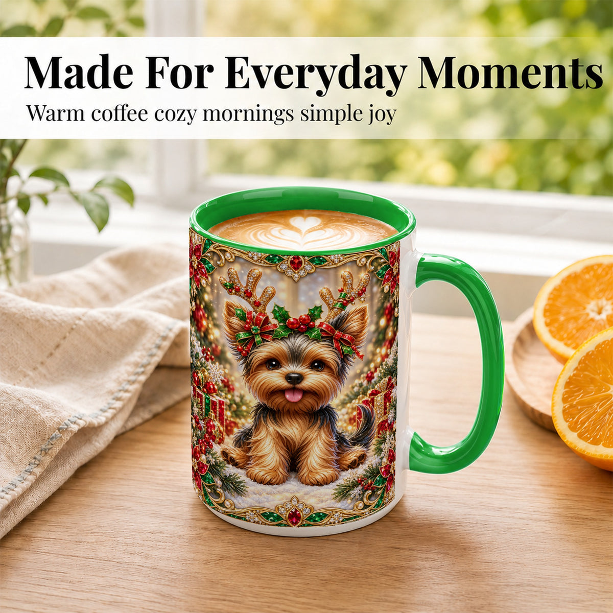 #pl[15oz|Green] Christmas Yorkie Coffee Mug, Jewel Reindeer Dog Mug, Ceramic Cup