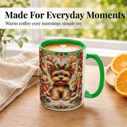 #pl[15oz|Green] Christmas Yorkie Coffee Mug, Jewel Reindeer Dog Mug, Ceramic Cup