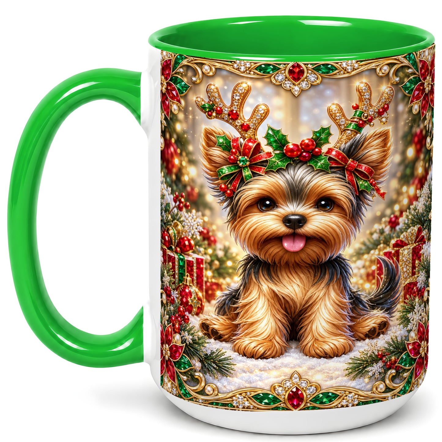#pl[15oz|Green] Christmas Yorkie Coffee Mug, Jewel Reindeer Dog Mug, Ceramic Cup