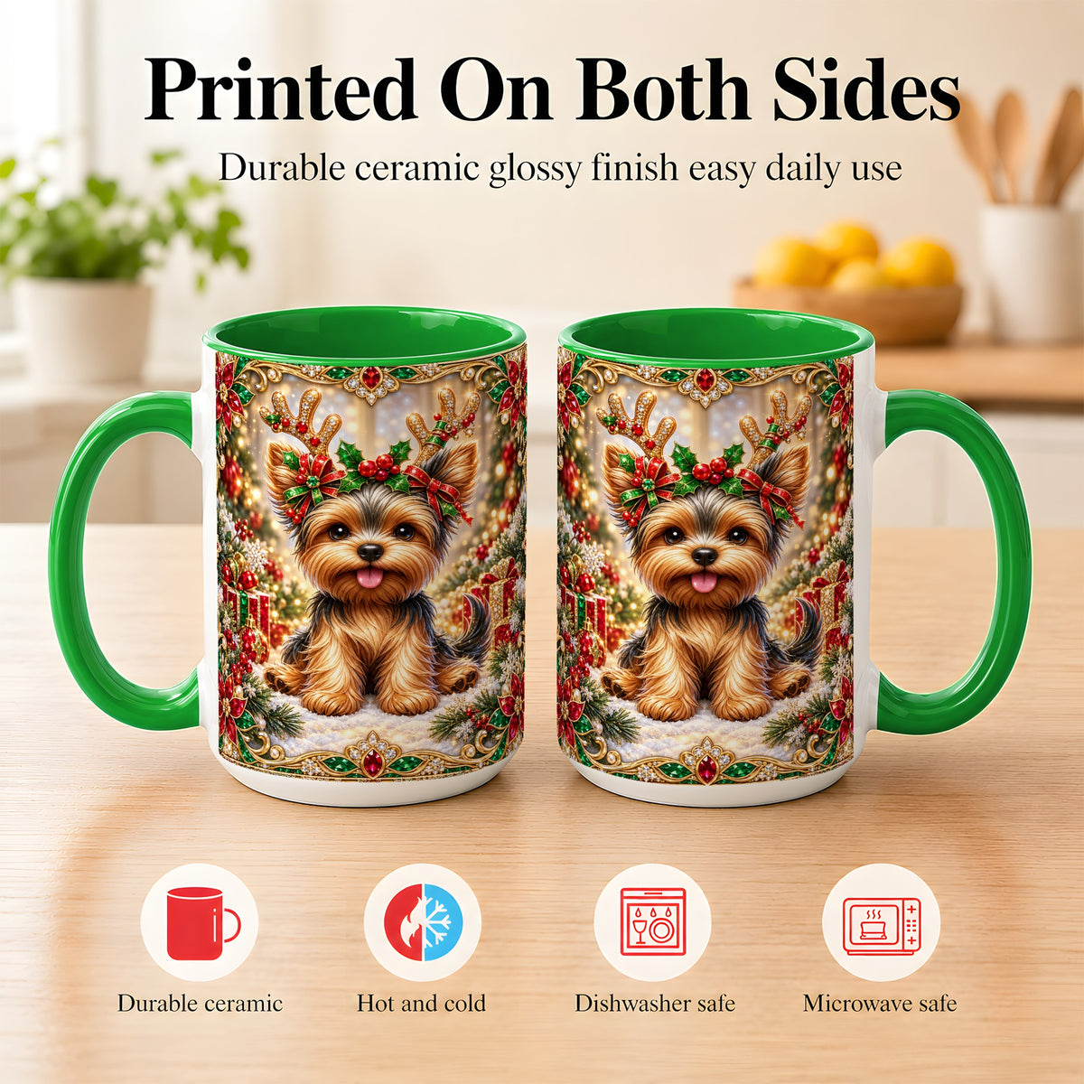 #pl[15oz|Green] Christmas Yorkie Coffee Mug, Jewel Reindeer Dog Mug, Ceramic Cup