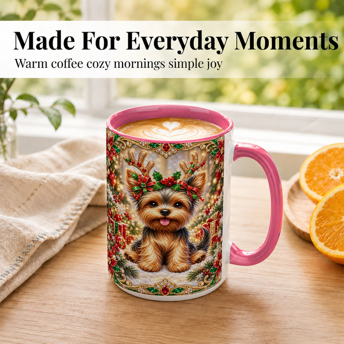 #pl[15oz|Pink] Christmas Yorkie Coffee Mug, Jewel Reindeer Dog Mug, Ceramic Cup