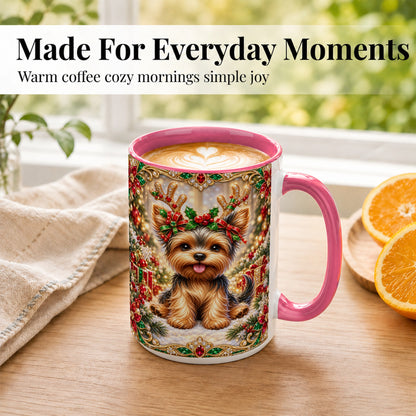 #pl[15oz|Pink] Christmas Yorkie Coffee Mug, Jewel Reindeer Dog Mug, Ceramic Cup