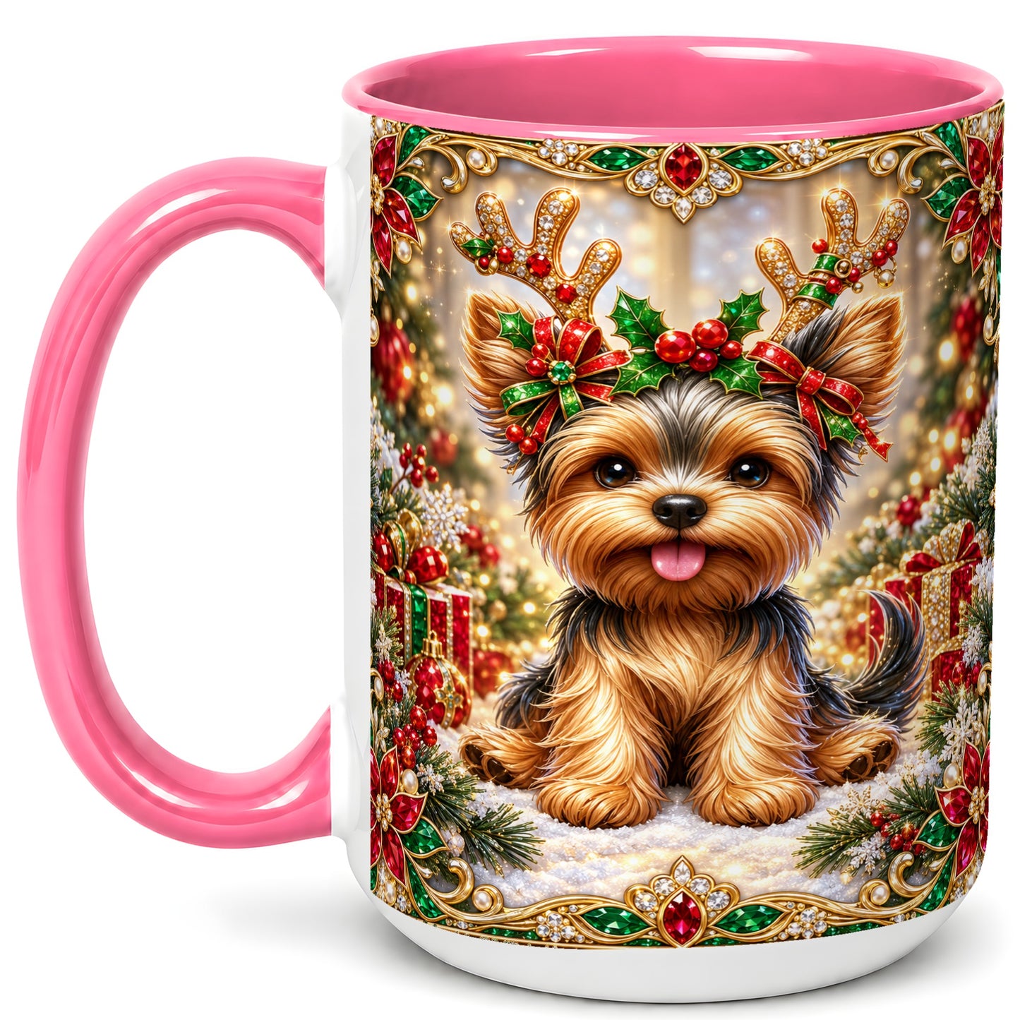 #pl[15oz|Pink] Christmas Yorkie Coffee Mug, Jewel Reindeer Dog Mug, Ceramic Cup