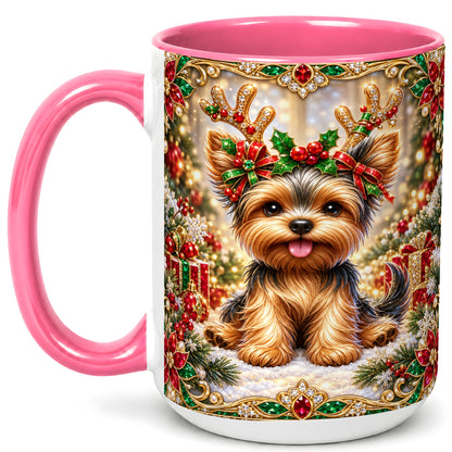 #pl[15oz|Pink] Christmas Yorkie Coffee Mug, Jewel Reindeer Dog Mug, Ceramic Cup