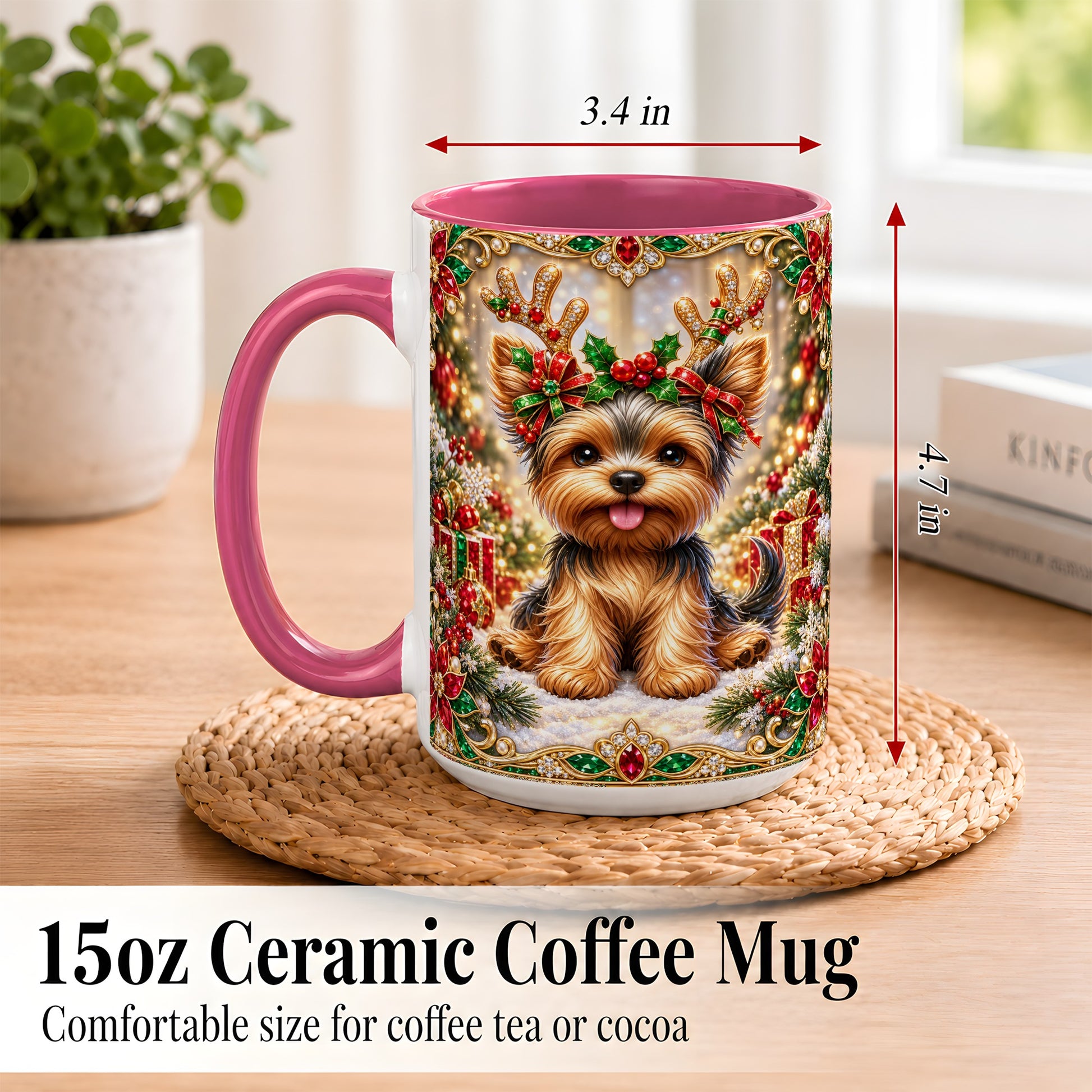#pl[15oz|Pink] Christmas Yorkie Coffee Mug, Jewel Reindeer Dog Mug, Ceramic Cup
