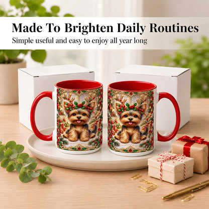 #pl[15oz|Red] Christmas Yorkie Coffee Mug, Jewel Reindeer Dog Mug, Ceramic Cup