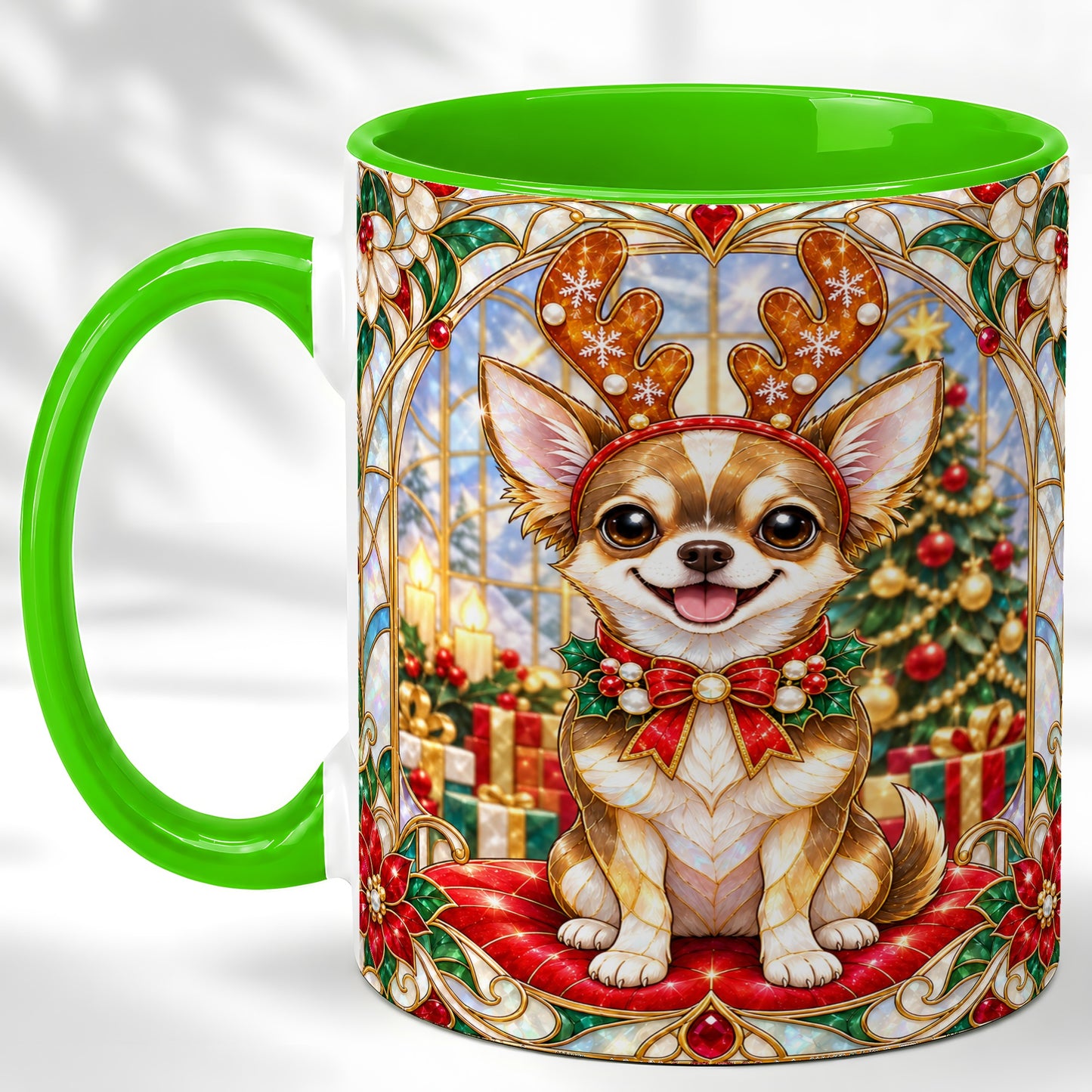#pl[11oz|Green] Christmas Chihuahua Coffee Mug, Reindeer Dog Mug, Ceramic Cup