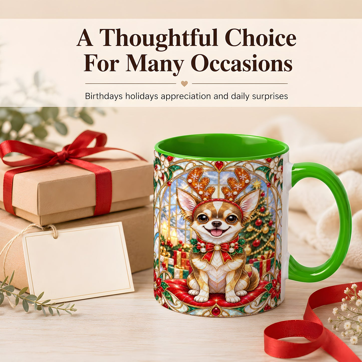 #pl[11oz|Green] Christmas Chihuahua Coffee Mug, Reindeer Dog Mug, Ceramic Cup
