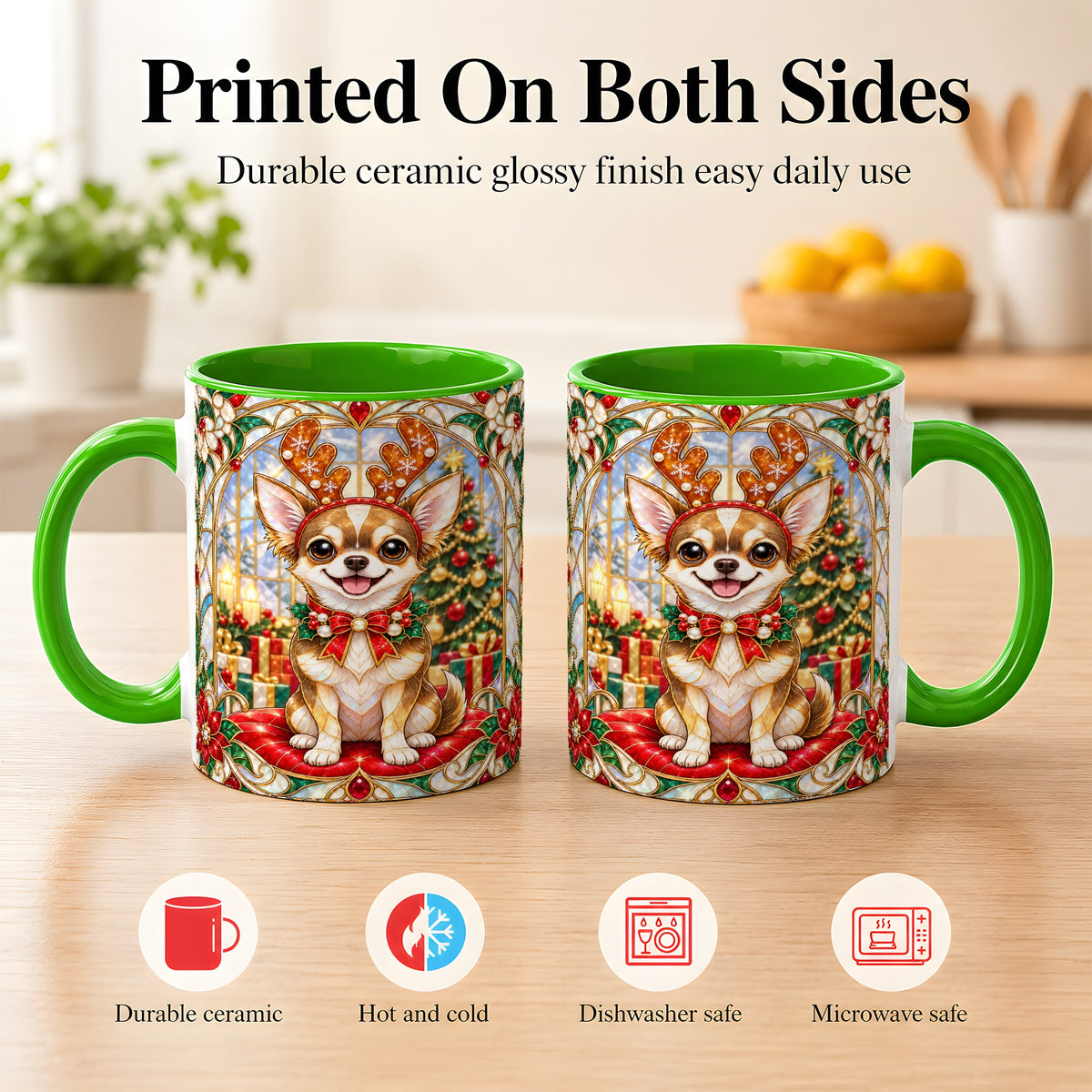 #pl[11oz|Green] Christmas Chihuahua Coffee Mug, Reindeer Dog Mug, Ceramic Cup